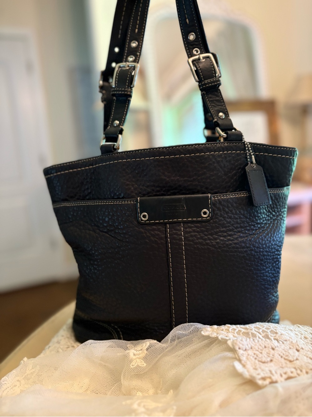 Coach Black Leather Shoulder Tote with Contrast Stitching - Picture 2 of 11